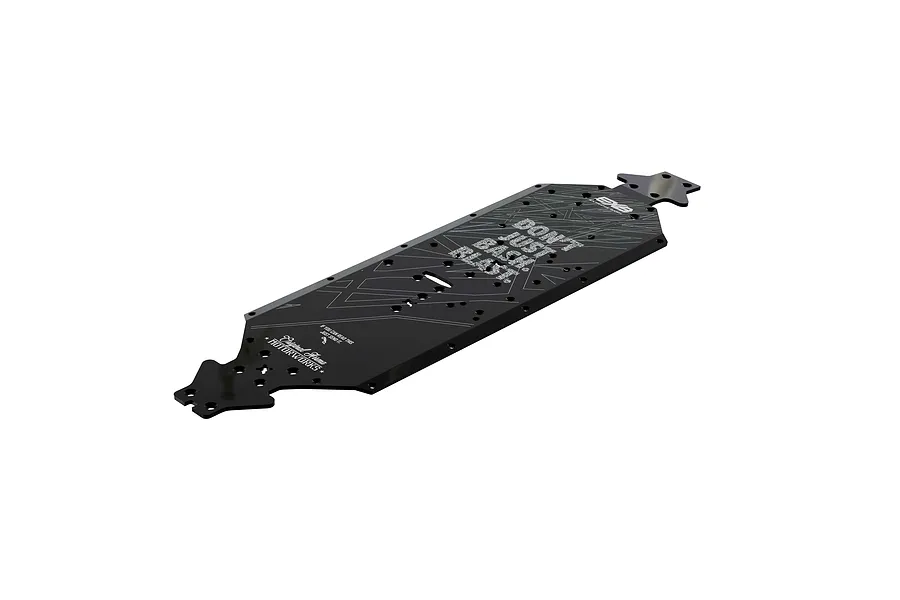 Black aluminium RC chassis plate featuring laser etched graphics and text on a clean white background.