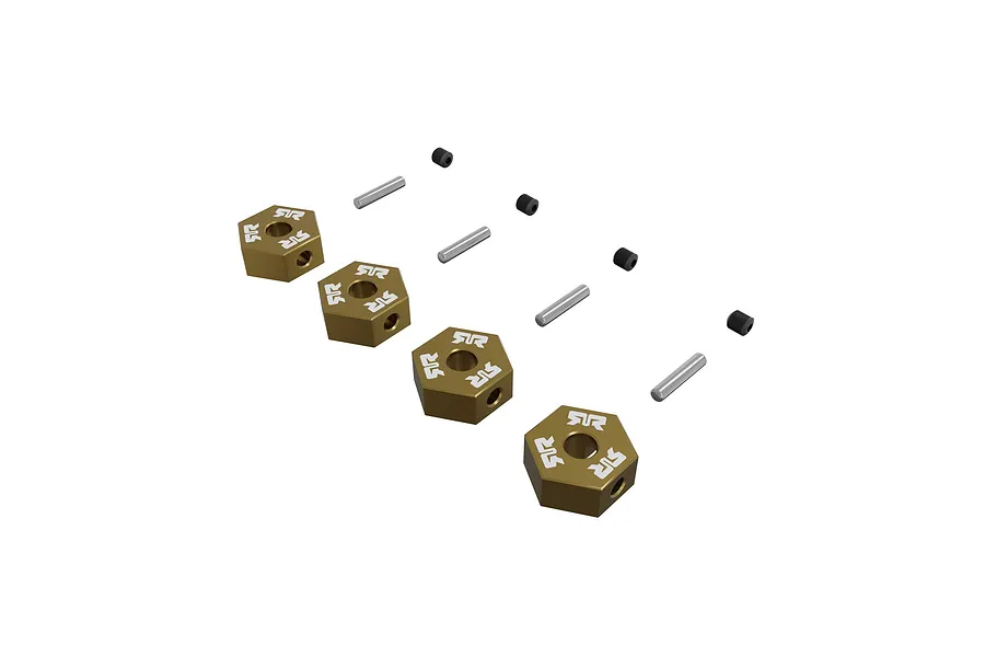 Arrma 12mm metal wheel hex set in gold, including four hexes, pins, and set screws against a white background.