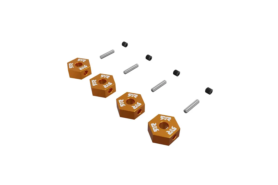 Arrma 12mm metal wheel hex set in orange, including four hexes, four pins, and four grub screws on a plain white background.