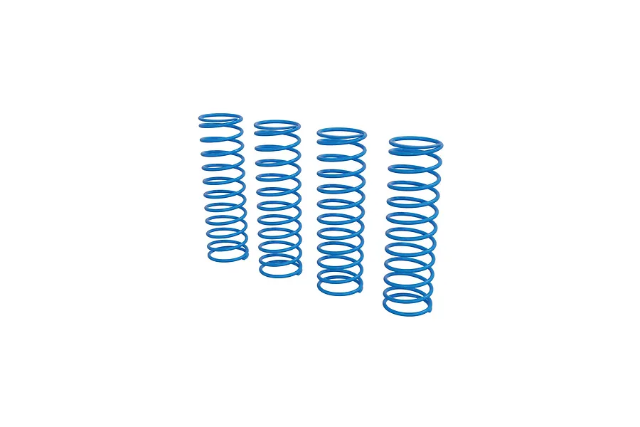 Set of four blue RC shock springs arranged vertically against a plain white background.