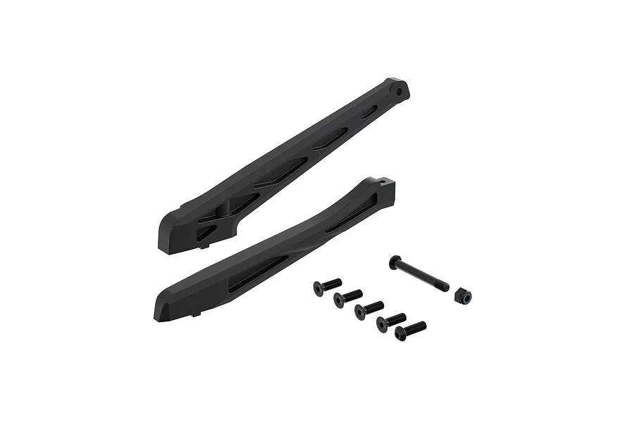 Arrma chassis brace set for Mojave 6S V3, showing two black plastic braces, mounting screws, and a lock nut on a white background.