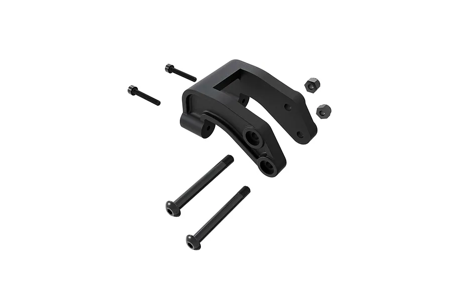 Arrma rear brace mount set including black plastic mount, screws, and nuts on a white background.