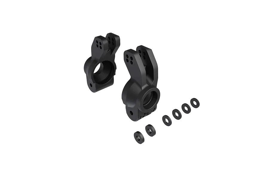 Arrma rear hub set including two black molded rear hubs and six washers on a plain white background.