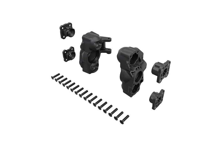 Arrma composite front steering blocks and hardware components laid out on a plain white background.
