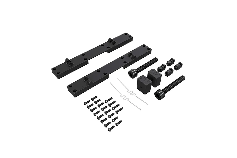 Arrma Bodyshell Lock Plastic Parts Set for Mojave 6S V3 showing brackets, screws, clips, and small components.
