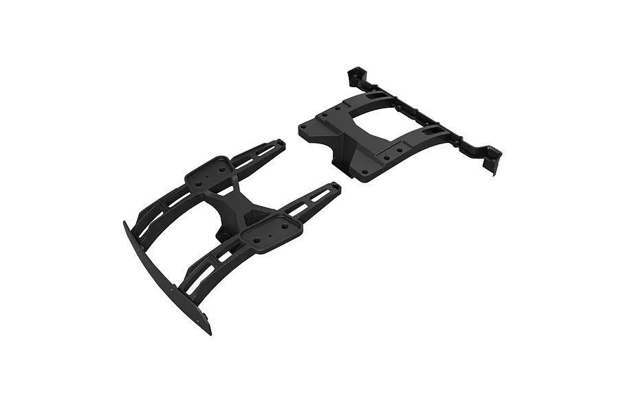 Arrma front and rear bodyshell support set moulded in black plastic, shown against a plain white background.
