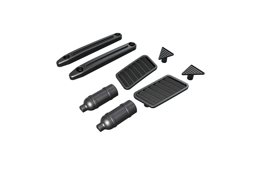 Arrma Body Accessories Set featuring black plastic body parts, vents, and canisters for the Mojave 6S V3 on a white background.