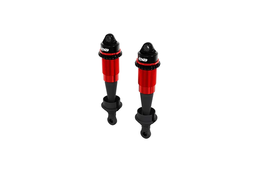 Two Arrma 107mm EXB shock absorbers with red anodized aluminum bodies and black plastic components on a white background.