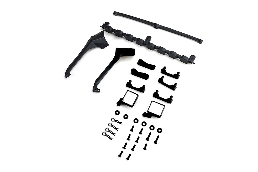 Axial Exterior Body Parts Set laid out on a clean white background, including mirrors, brackets, clips, and hardware.