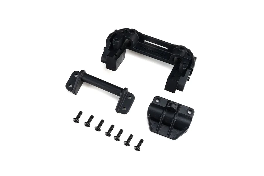 Axial front bumper mount set for RC crawler including plastic mount pieces and steel screws on white background.