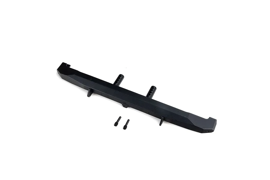 Axial black plastic rear bumper and two metal set screws on a clean white background.