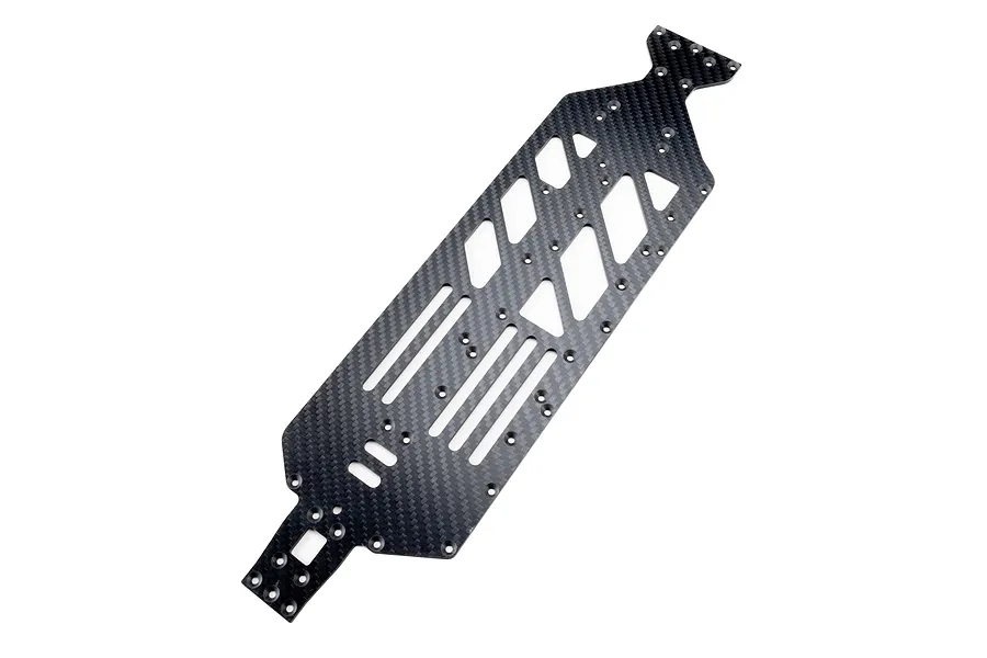 TLR carbon fibre main chassis plate featuring cutouts and pre-drilled screw holes on a plain white background.