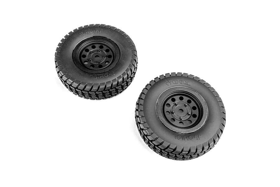 Two black Axial mounted tyres and wheels for an RC crawler, viewed from the front against a clean white background.