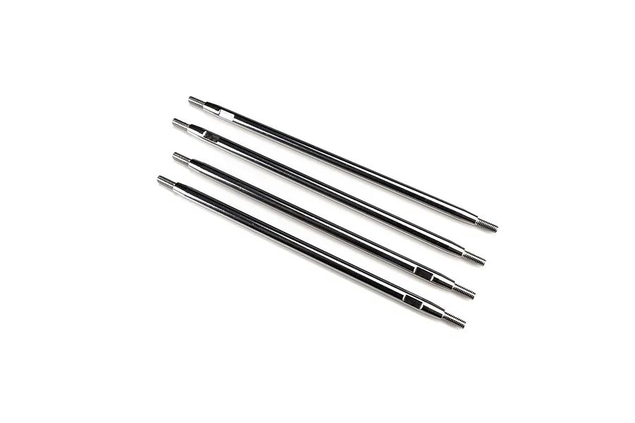 Four shiny silver metal suspension links with threaded ends arranged diagonally on a clean white background.