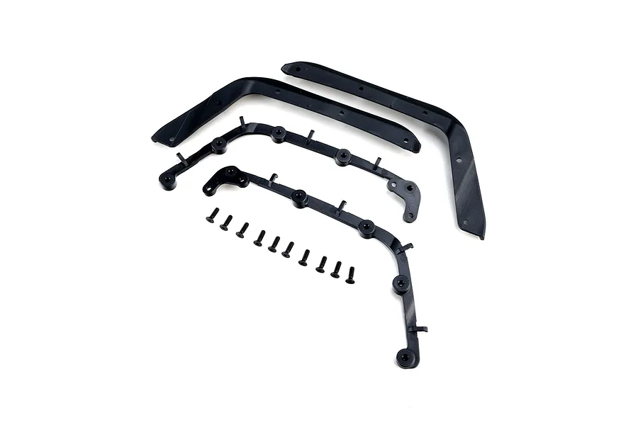 Axial black plastic front fenders and mounting hardware parts laid out on a plain white background.