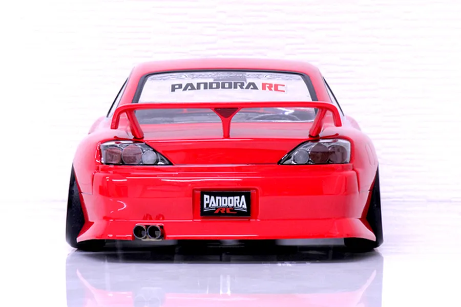 Rear view of a red Pandora RC S15 Silvia drift body shell featuring a rear wing, dual exhaust, and Pandora RC decals.