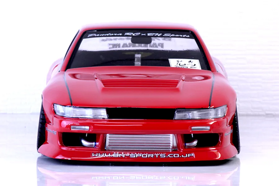Front view of a red Pandora RC S13 Silvia drift body shell featuring a detailed front bumper and intercooler.