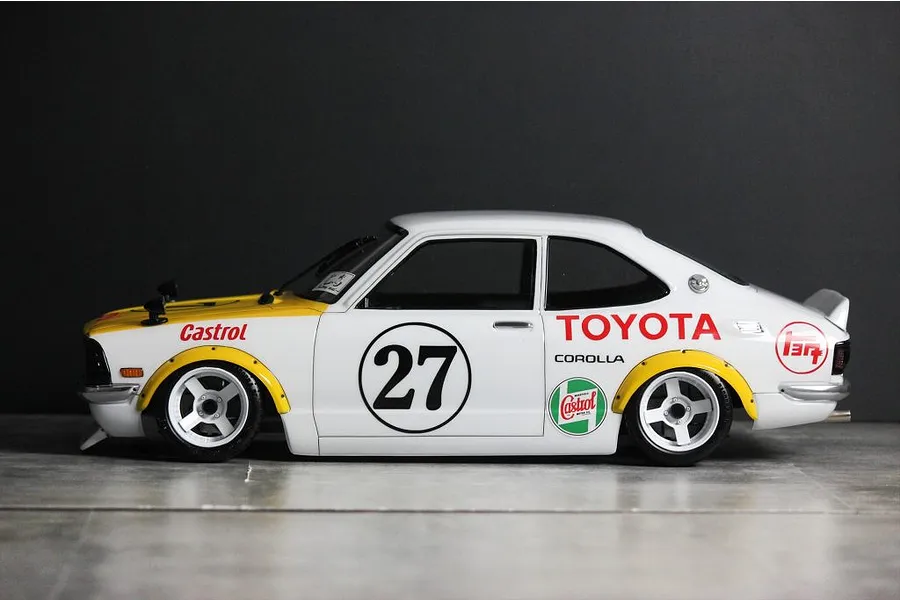Side profile view of a painted Toyota Corolla Levin TE27 RC body shell featuring Castrol racing livery and number 27.
