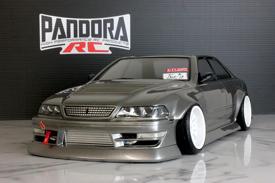 A painted gray Pandora RC Toyota Mark II JZX100 body shell with BN Sports style kit, deep dish white wheels, and a front intercooler visible.