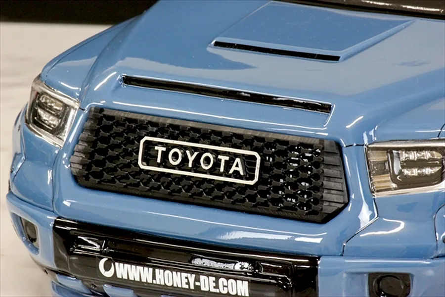 Close-up front view of the Pandora RC Toyota Tundra body shell showing the grille and TOYOTA lettering.