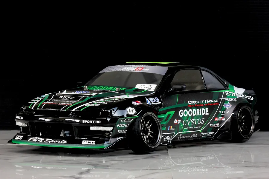 Pandora RC S14 Silvia late model RC drift car body featuring a black and green livery with Goodride and BN Sports sponsor decals.