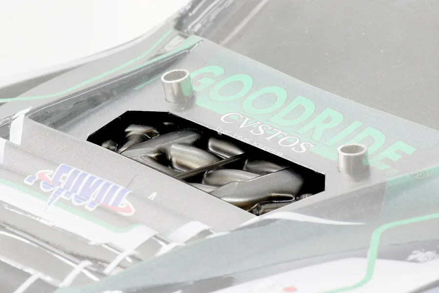 Close-up of a Pandora RC S14 Silvia model car body showing hood vents and sponsor decals against a white background.