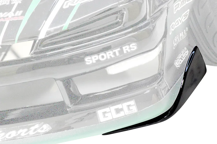 Close-up of the front bumper and canard on a Pandora RC S14 Silvia RC body shell with sponsor decals.