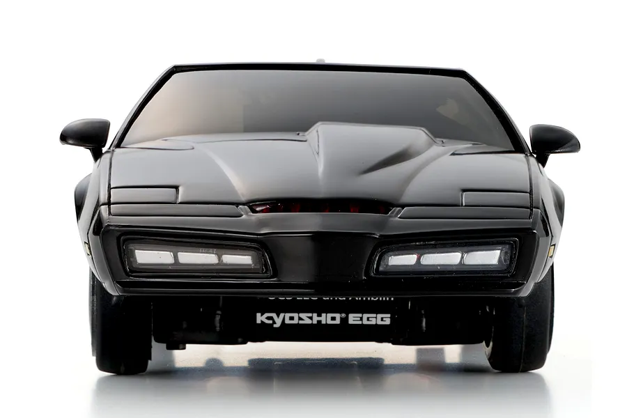Front view of the Kyosho Mini-Z Knight Rider RC car showing the black body, red scanner light, and Kyosho Egg logo.