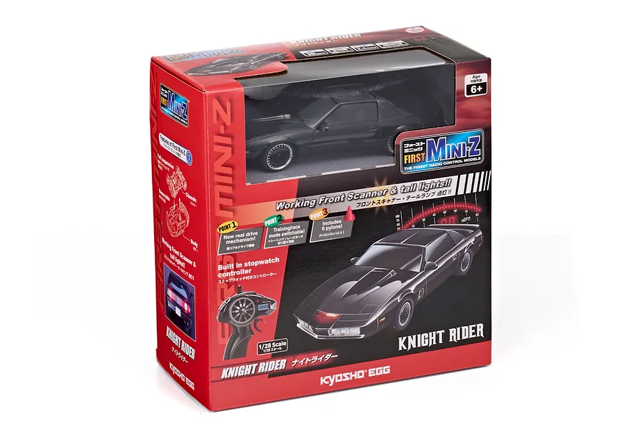 Kyosho First Mini-Z Knight Rider RC car packaging showing the black car model and controller on a white background.