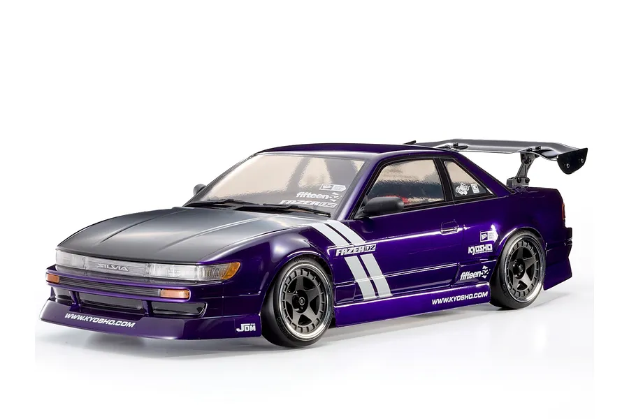 Studio product shot of a purple Kyosho Fazer D2 Nissan S13 Silvia RC drift car with black hood and rear wing.