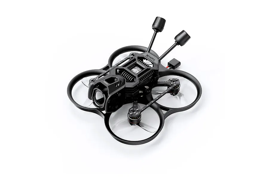 BetaFPV Pavo20 Pro FPV drone featuring duct prop guards, black frame, digital camera unit, and dual antennas against a white background.