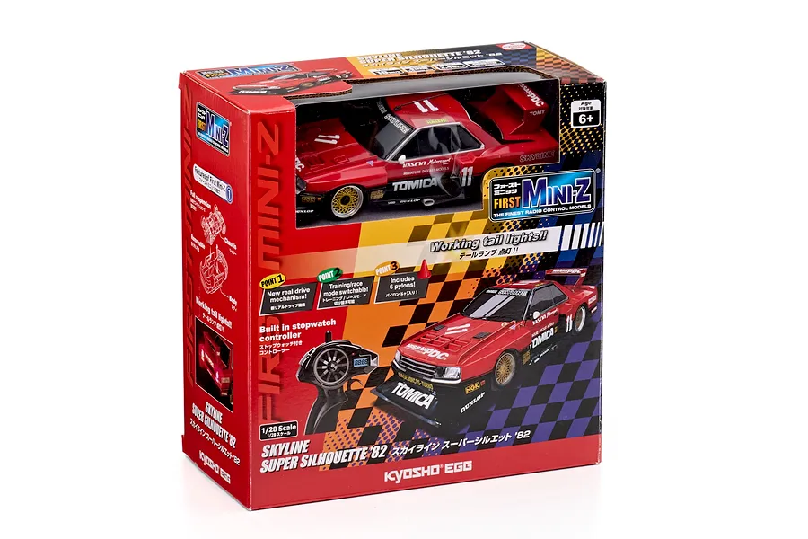 Kyosho First Mini-Z 1982 Nissan Super Silhouette RC car inside its red retail display packaging box on a white background.