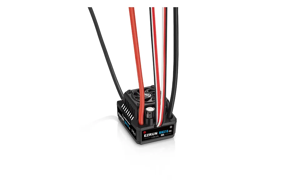 Studio shot of Hobbywing EzRun Max10 G2S 80A brushless electronic speed controller with pre-wired cables against a white background.