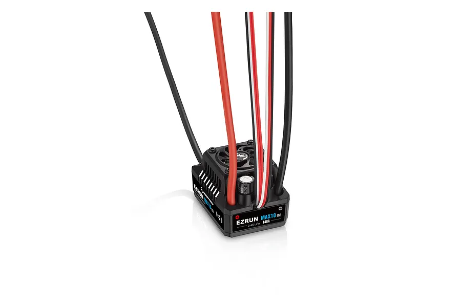 Hobbywing EzRun Max10 G2S 140A electronic speed controller with pre-soldered wires and cooling fan against a white background.
