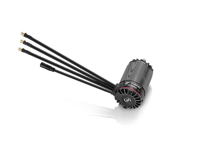 Hobbywing XeRun AXE R3S 4987 1600kV brushless sensored motor with attached wires and connectors on a white background.