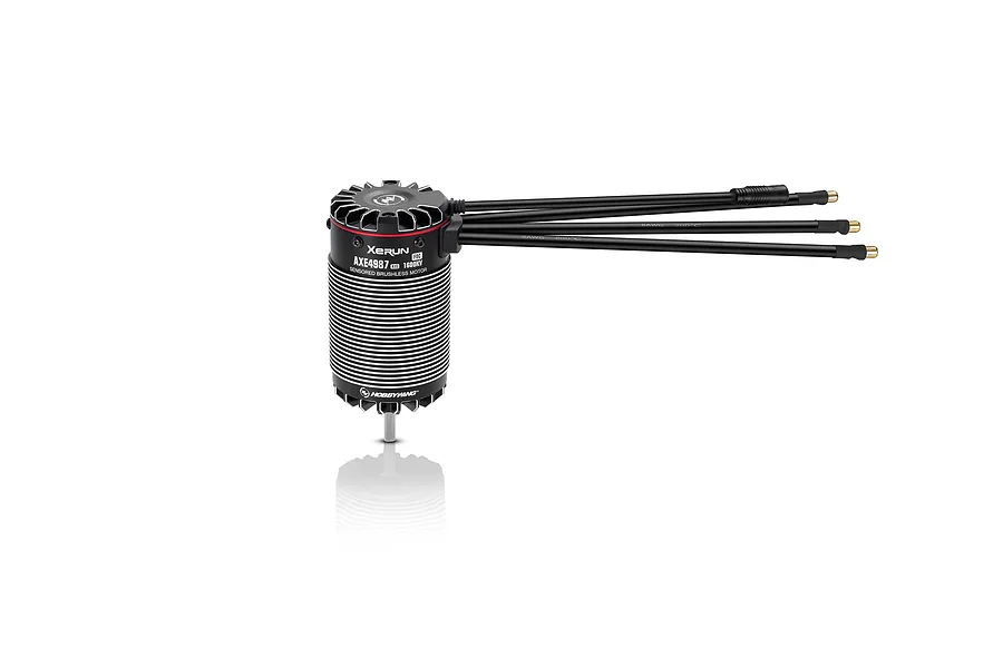 Hobbywing XeRun AXE R3S 1600kV brushless sensored motor shown upright against a white background with pre-soldered wires.