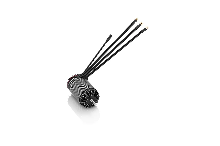 Hobbywing XeRun AXE R3S 4987 1600kV brushless sensored motor shown with attached black wires and connectors against a white background.