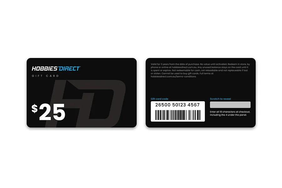 The front and back of the Hobbies Direct $25 gift card, with the barcode and scratch panel on the back.