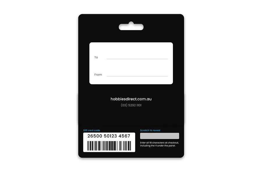 The back of the Hobbies Direct gift card backing card, with To and From fields and the barcode showing below.