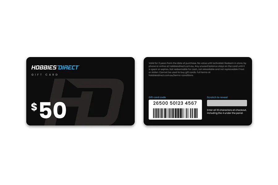 The front and back of the Hobbies Direct $50 gift card, with the barcode and scratch panel on the back.