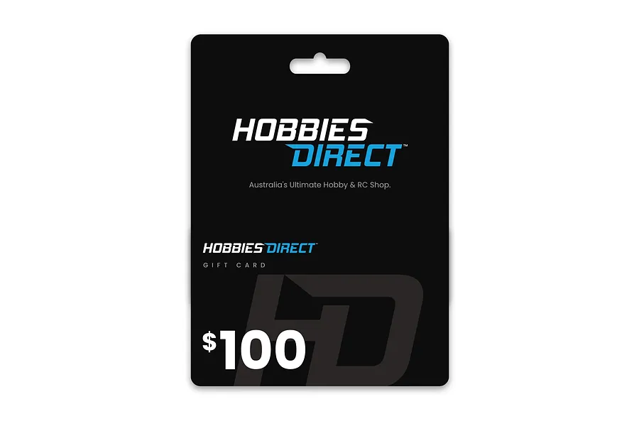 A Hobbies Direct $100 gift card, black with a large HD logo, mounted on its black backing card.