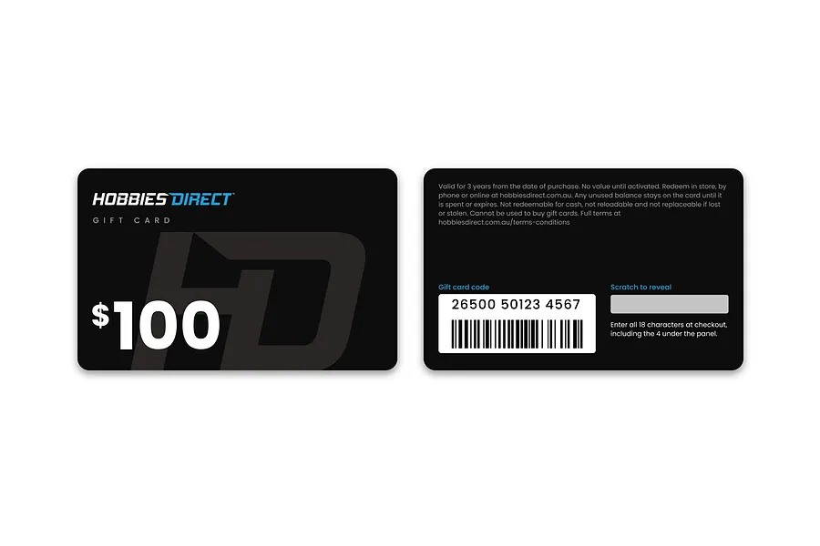 The front and back of the Hobbies Direct $100 gift card, with the barcode and scratch panel on the back.