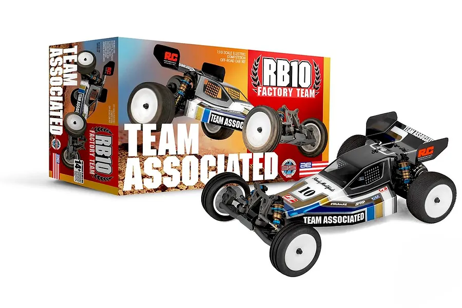 Team Associated RB10 Factory Team Retro Kit 1/10 scale 2WD electric RC buggy shown assembled beside its colourful product box.