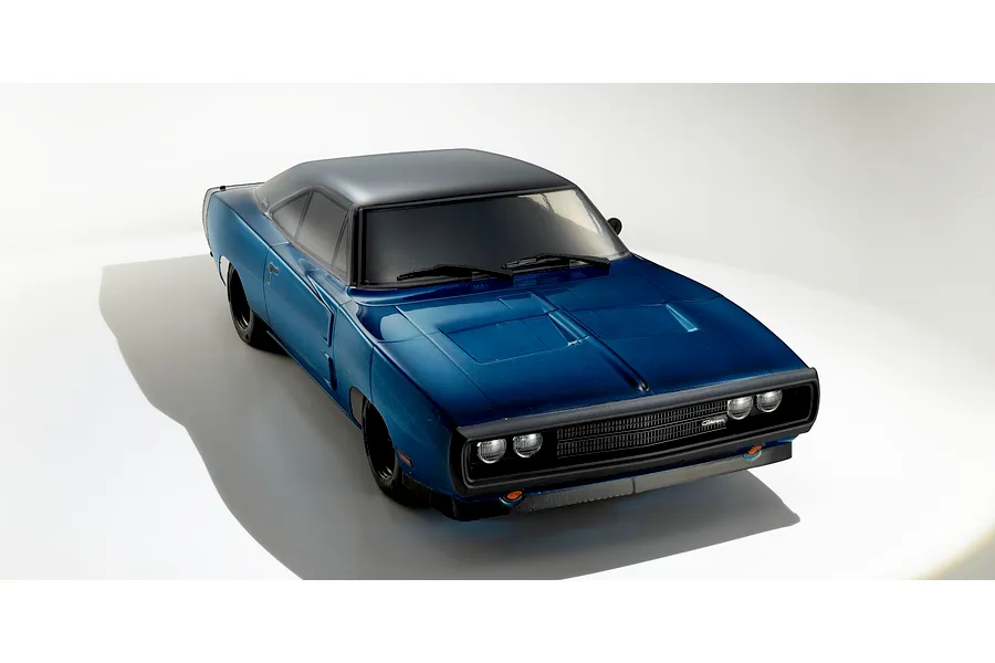 High-angle studio shot of the blue Kyosho Fazer MK2 1970 Dodge Charger Tuned Ver. RC car against a white background.