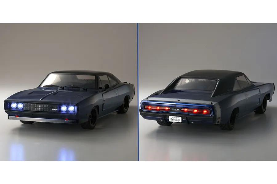 Split view of the front and rear of the blue 1970 Dodge Charger RC car showing illuminated headlights and taillights.