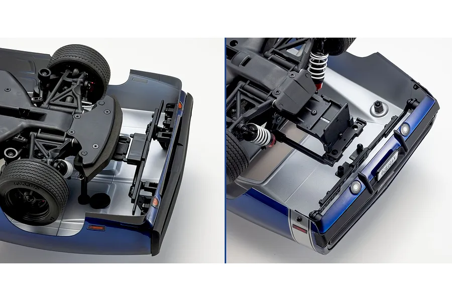 Close-up split view of the front and rear chassis and bumper assemblies of the Kyosho Fazer MK2 1970 Dodge Charger RC car.