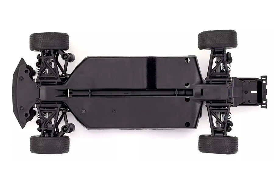 Top-down view of the black plastic chassis of the Kyosho Fazer MK2 RC car against a clean white background.