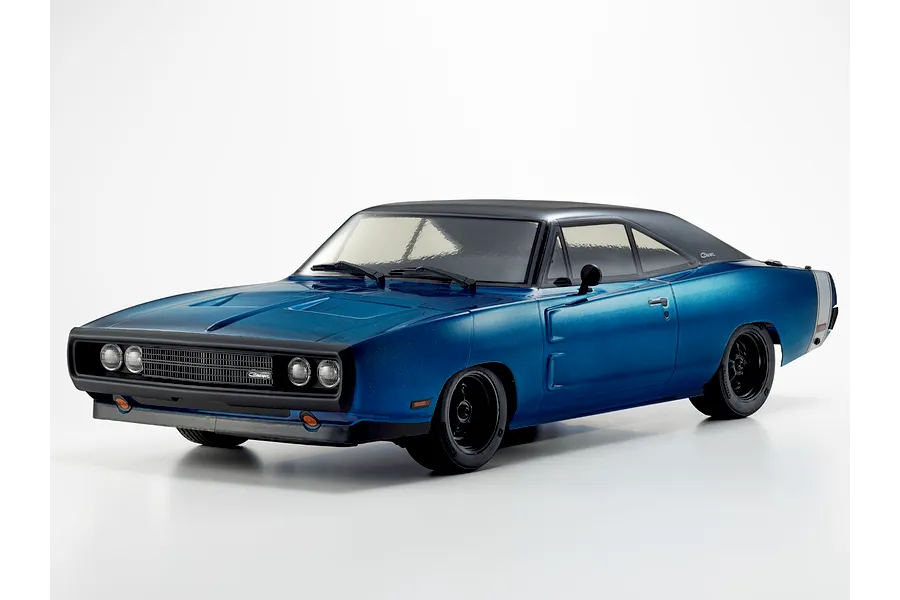 Kyosho Fazer MK2 1970 Dodge Charger Tuned RC car in blue studio shot against a white background.