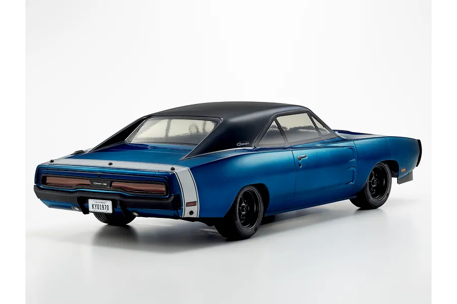 Rear three-quarter studio view of the Kyosho Fazer MK2 1970 Dodge Charger RC car in blue with black wheels.