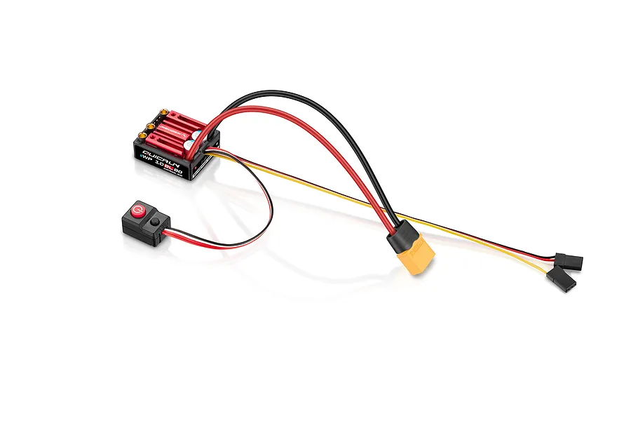 Hobbywing QuicRun WP 10BL80 brushless electronic speed controller with red heatsink, black casing, power wires, XT60 connector, and switch.